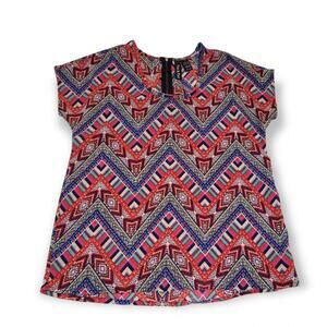 Fun & Flirt Multi Color Design Short Sleeved Zip Back Shirt - Size Extra Small